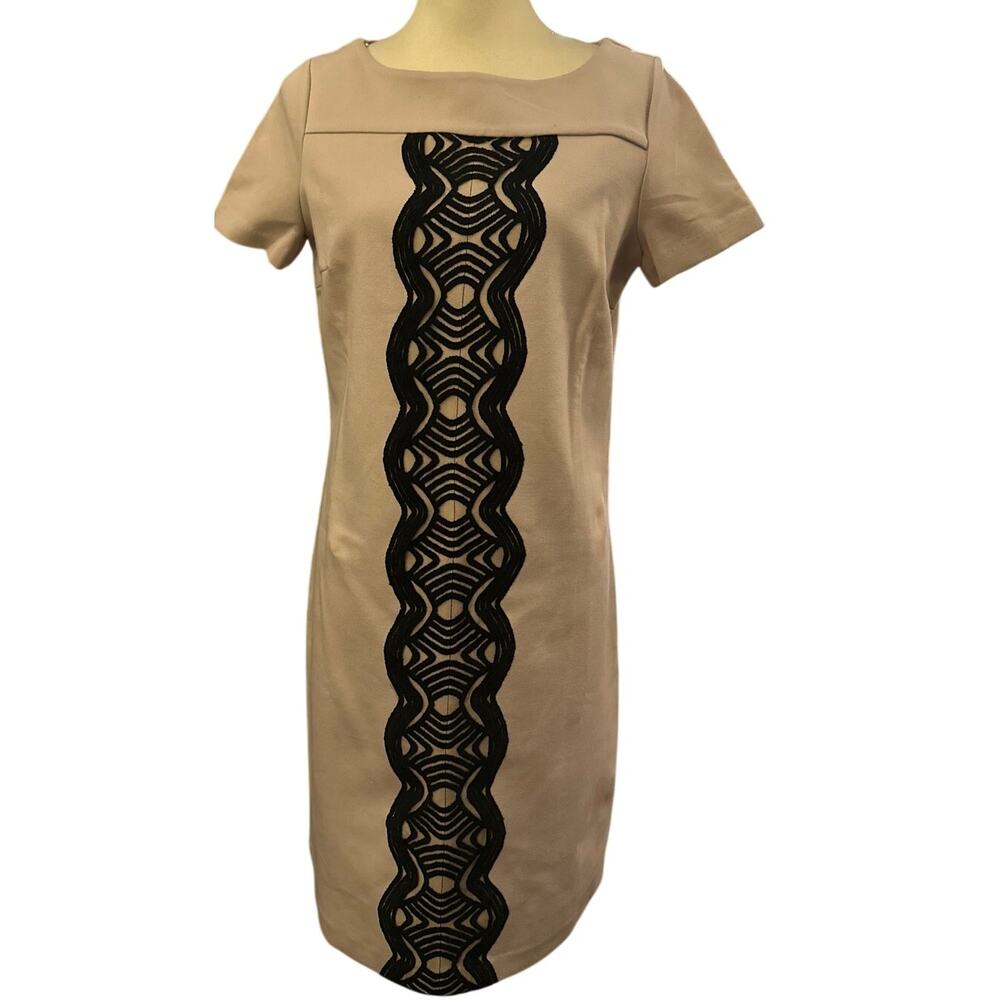 Boden Camel Tan Shift Dress, Embroidered Front Scroll Detail, Women's Size 8